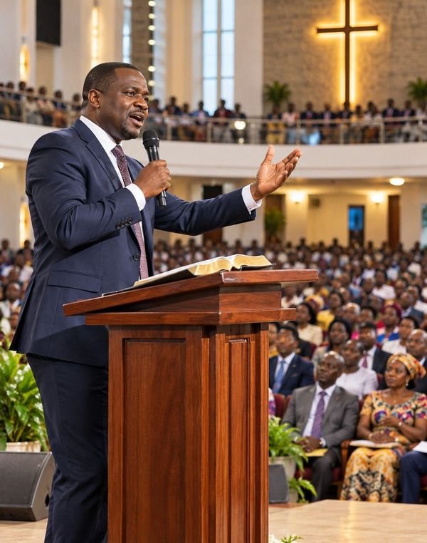 Um pregador com a Bíblia aberta no púlpito, a falar para uma igreja cheia